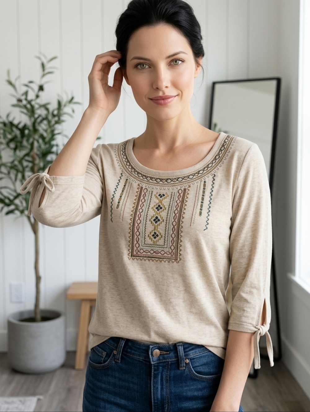 NWT Rafaella Wheat Heather Embroidered Scoop-Neck 3/4 Split Sleeve Top SM